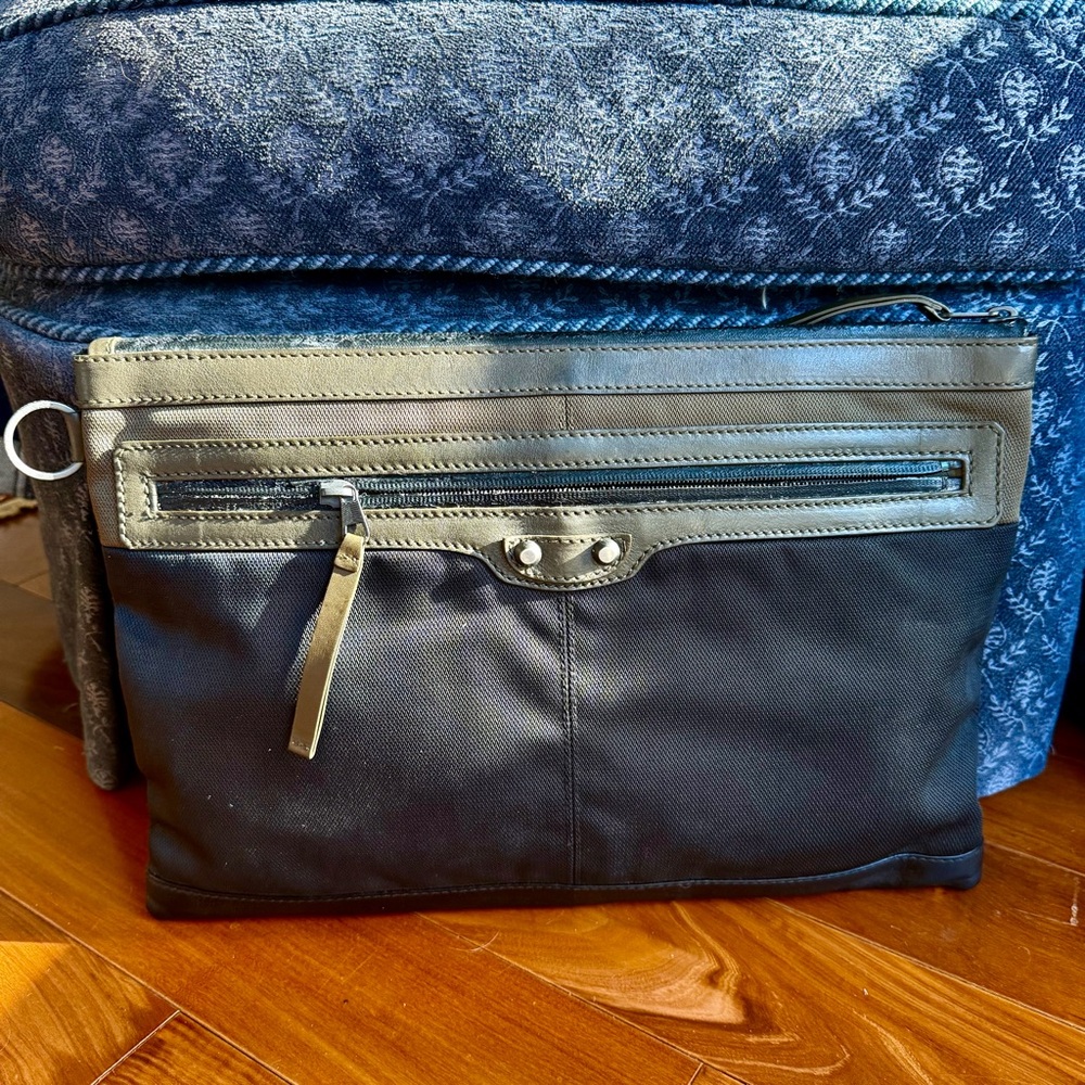 Authentic Balenciaga Black & Olive Clip L Clutch Canvas Leather Bag